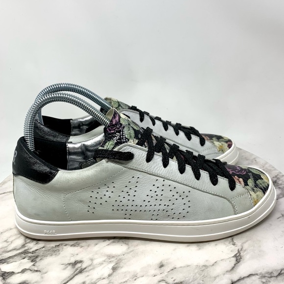 P448 John Black Floral Leather Low Top Sneakers 40/9-10 Casual Preppy Athleisure - Picture 2 of 16